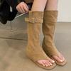 Women Sexy Black Suede Ruffled Boots Women  Summer Clip Toe Flat Gladiator Sandals Woman Western Cowboy Boots Sandals Mujer