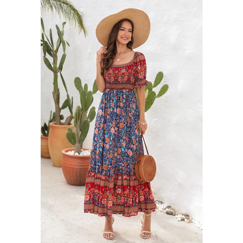 Boho Sukienki Plażowe na Wakacje Jednoramienne z Bufiastymi Rękawami Sukienki Midi