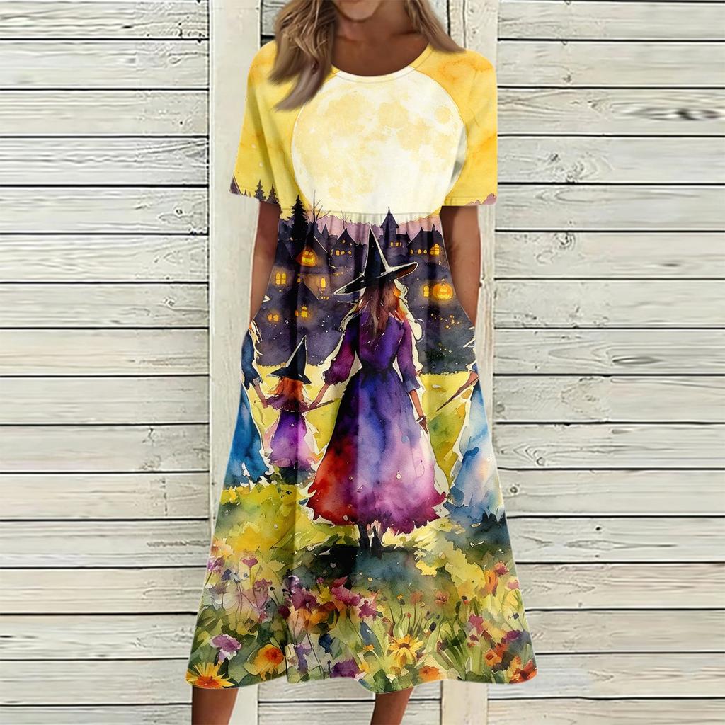Women's Casual Round Neck Dress with Halloween Print and Pockets