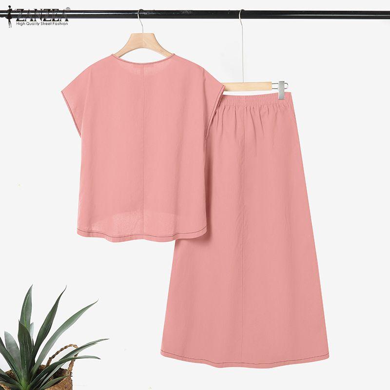 ZANZEA Women Short Sleeve Blouse and Long Skirts Summer Two Piece Suit Sets