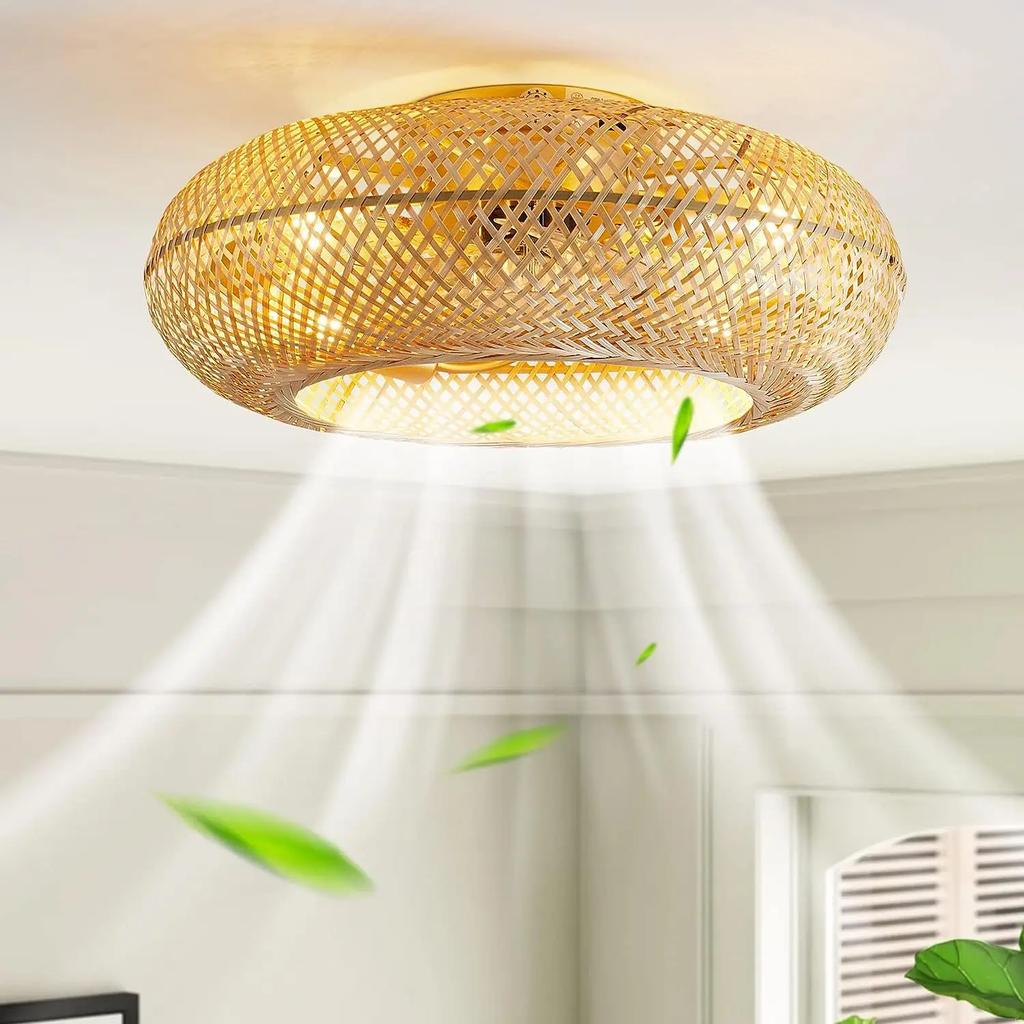 Bamboo Ceiling Fan Fans With Lights Remote Control Bedroom Decor Ventilator Lamp 50cm Air Invisible Blades Retractable Silent