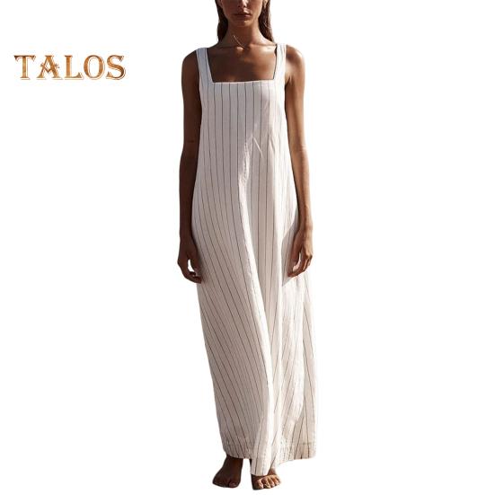 

Летний женский сарафан с квадратным вырезом без рукавов в полоску, свободный трапециевидной формы до щиколотки, пляжное платье макси, повседневная одежда, платье макси для свиданий S белый