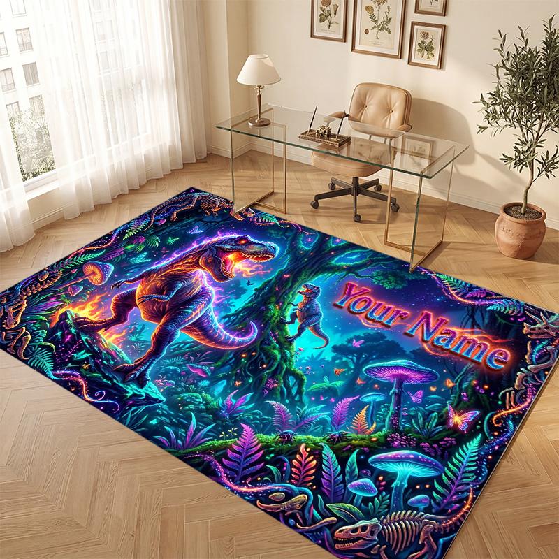 Dinosaur Theme Soft Crystal Velvet Rug Custom Name & Text Print Non Slip Floor Rug for Bedroom Living Room