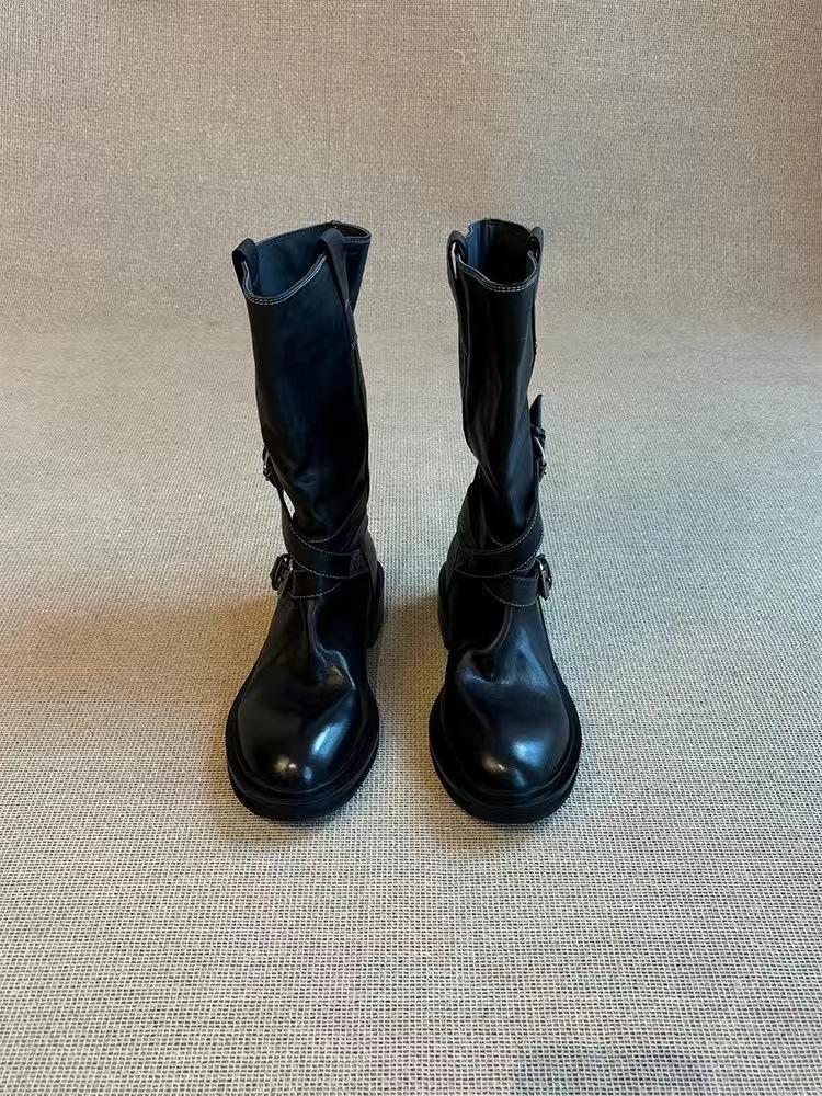 Cowhide version~ retro belt buckle mid boots western cowboy boots slim thick-soled fried street boots female knight boots