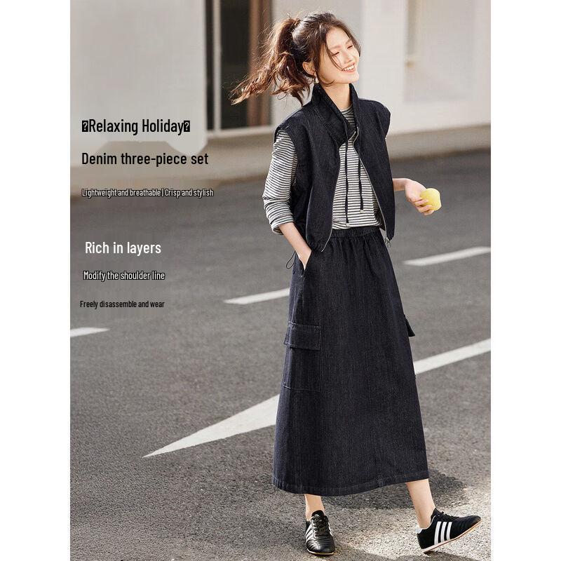XWI Women s Relaxed Denim Vest, Skirt & Top Three-Piece Set XL