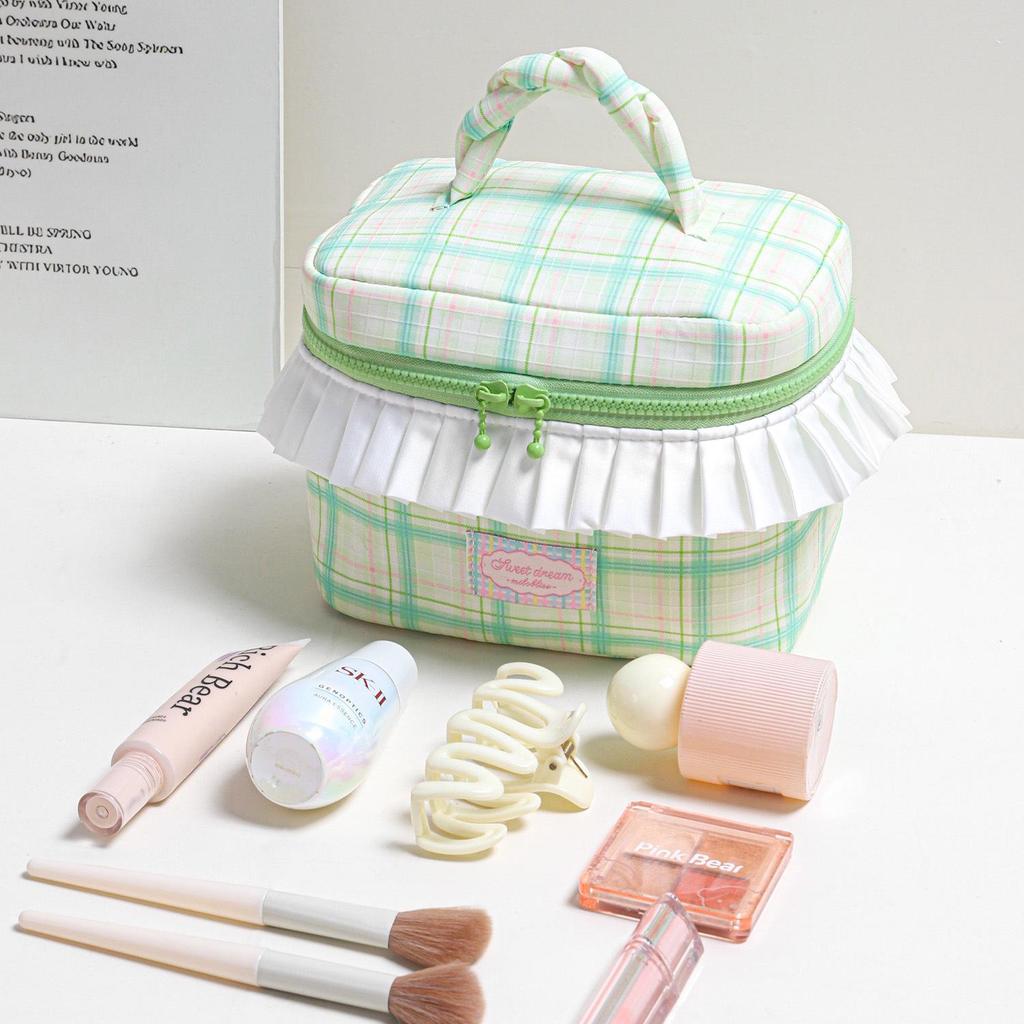 Cable Knit Color Block Plaid Makeup & Toiletry Bag with Ruffle Trim - Large Capacity Handheld Design