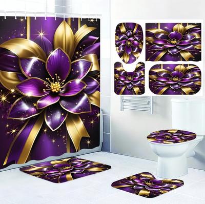 4pc Purple Gold Lotus Bath Curtain Set, 2D Flat Printed Bathroom Partition Curtain, Modern Home Curtain Decoration
