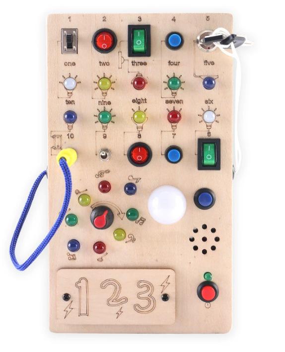 Luminous Wooden Busy Board Switch Toy for Children's Early Education and Fine Motor Skills Development.