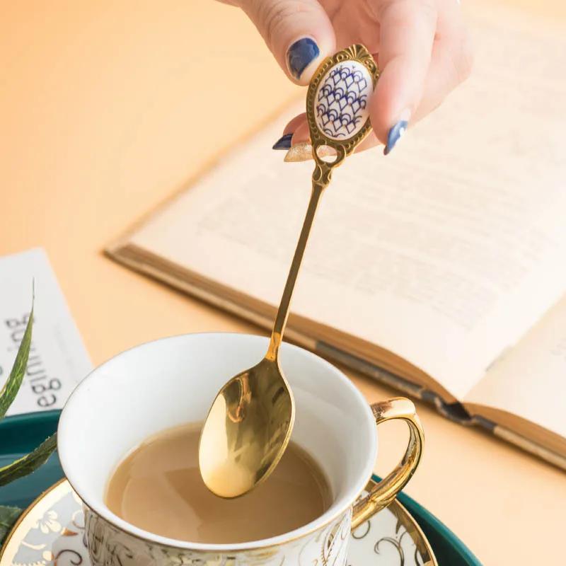 New Creative Stainless Steel Golden Coffee Milk Spoon Creative Stirring Spoon Elegent Ceramic Dessert Honey Spoons