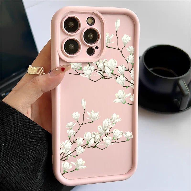 Pro iPhone 16 15 Pro Max 14 Plus 13 12 Pro 11 XS XR 8 7 Kryt Bílé květy Nárazuvzdorná měkká ochrana objektivu Pouzdro na telefon