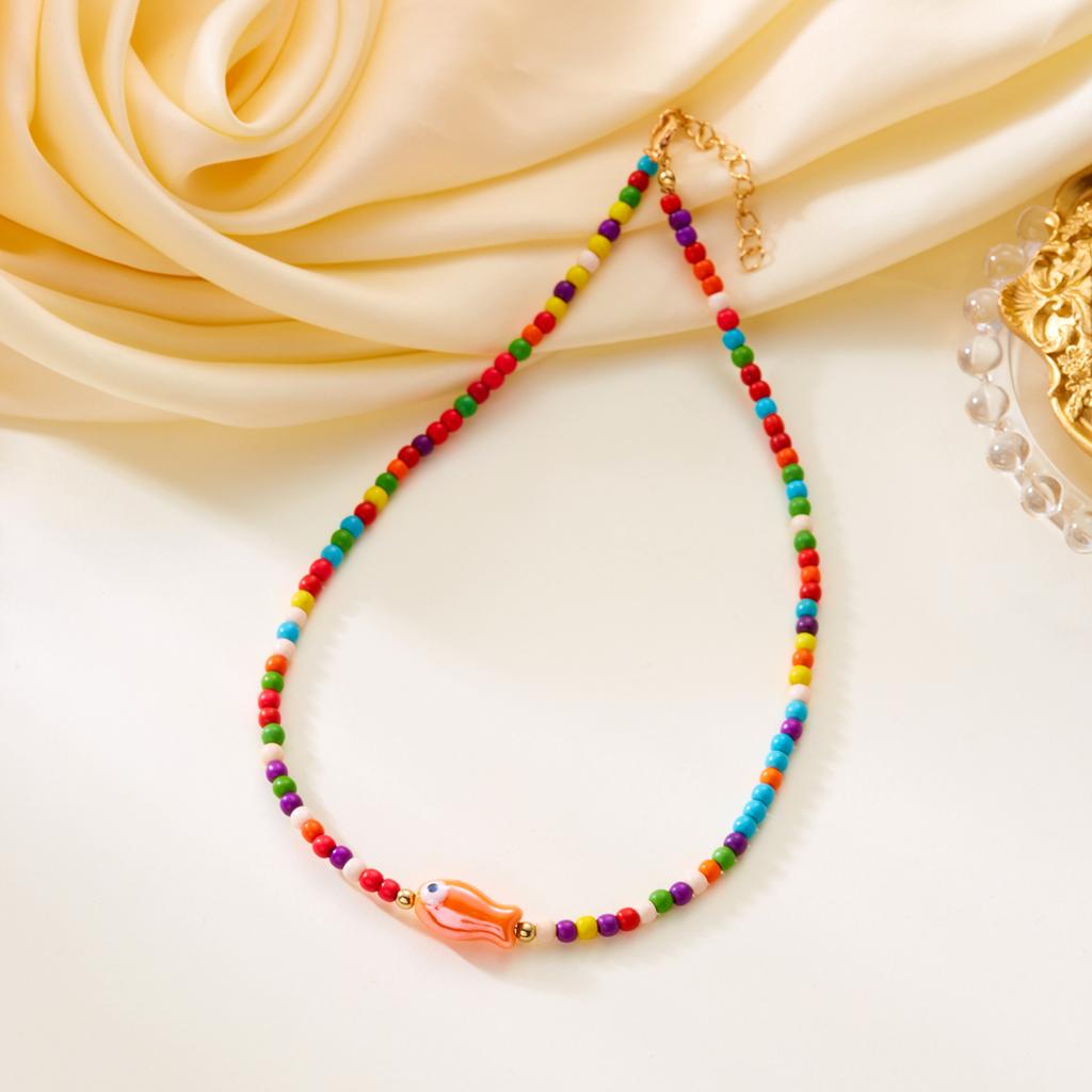 Bohemian Handmade Colorful Ceramic Fish Beaded Necklace for Women Unisex Rice Beads Choker Summer Beach Party Jewelry Gift