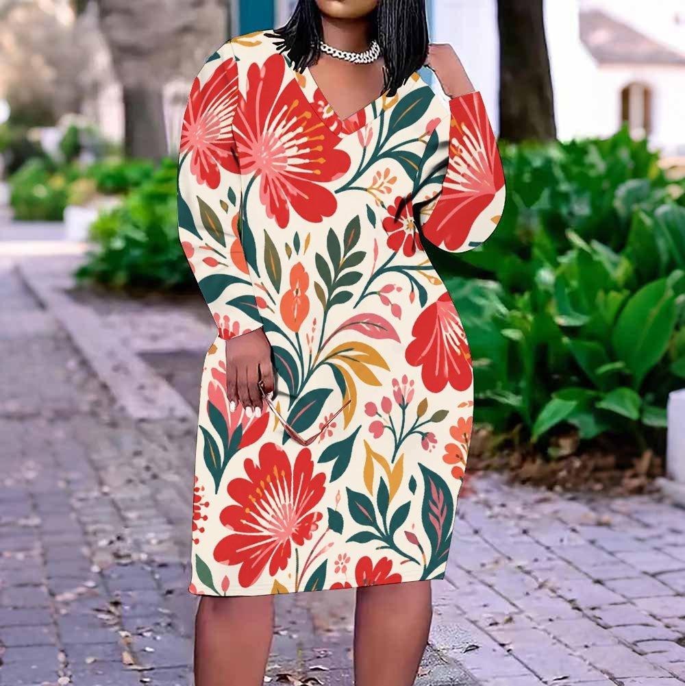 Women Plus Size V Neck Long Sleeve Black Red Rose Floral Printed Fitted Dress