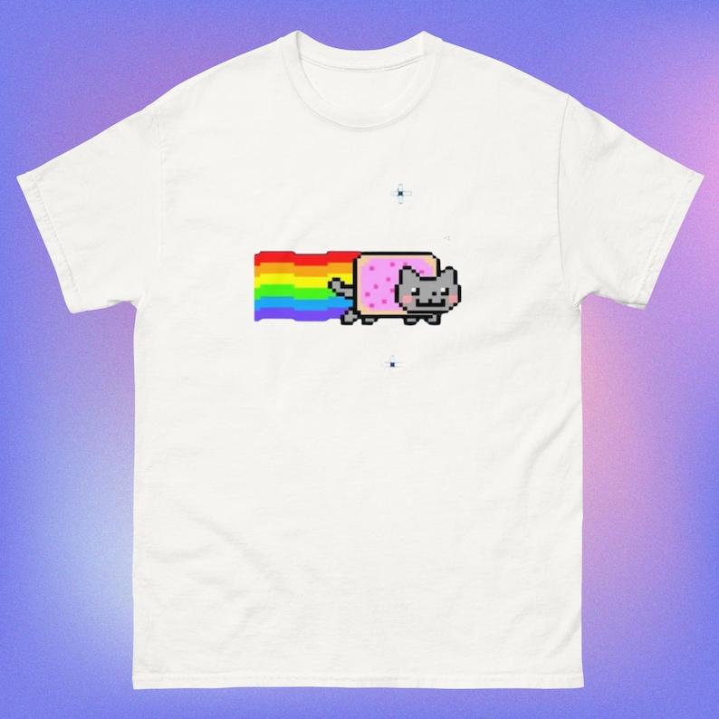 Funny Meme Creative Top Hip Hop Y2K Vintage Print Short Sleeve Nyan Cat with Rainbow T-Shirt Casual Loose Street Wear Unisex