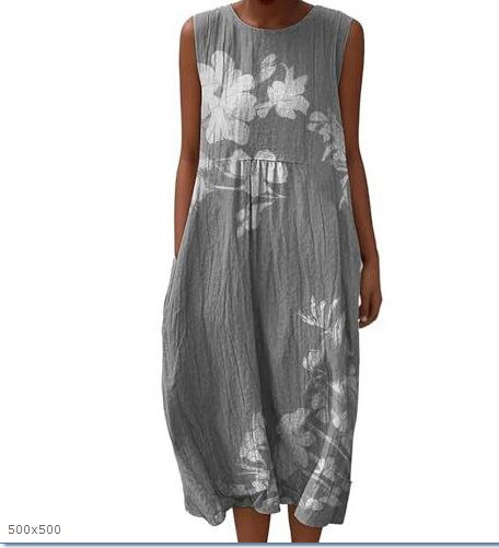European and American New Summer Flower Ocean Printing European Size Round Neck Sleeveless Long Dress Creative Loose Dress