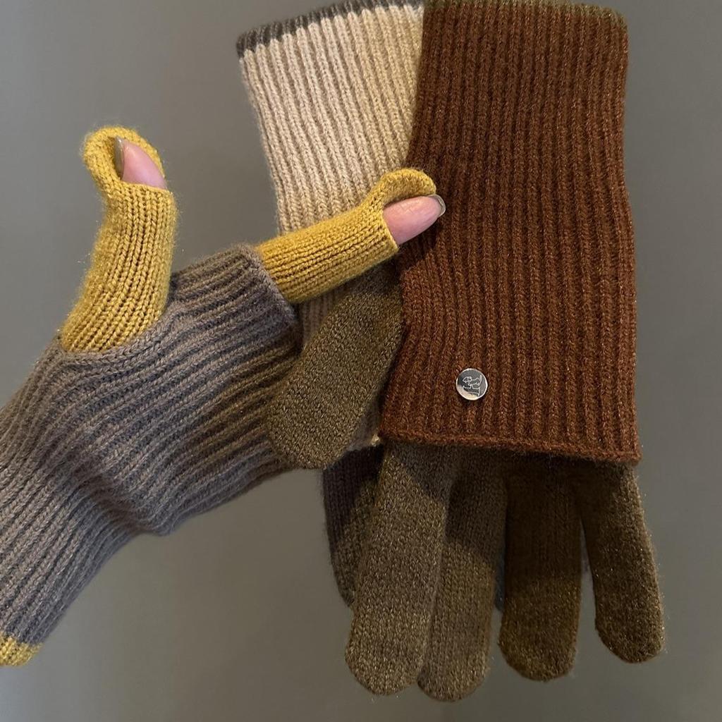 Melaleuca Women's Dual-Use Touchscreen Wool Gloves, Winter Color Block, Fingerless and Full Finger, Ideal for Riding and Students