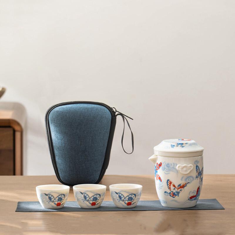 Travel Portable Ceramic Tea Set Handmade Porcelain Teacup Tea Water Separation Tea Infuser Chinese Teaware with Storage Bag