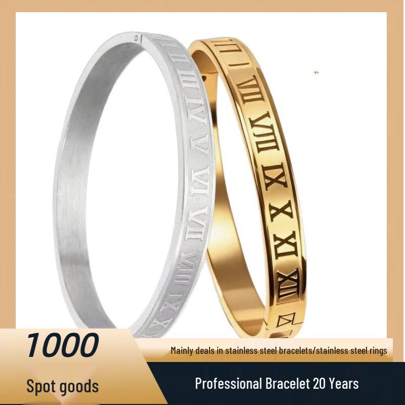 Roman Numeral Men's Titanium Steel Bracelet – Non-fading, Open Clasp, European & American Style.