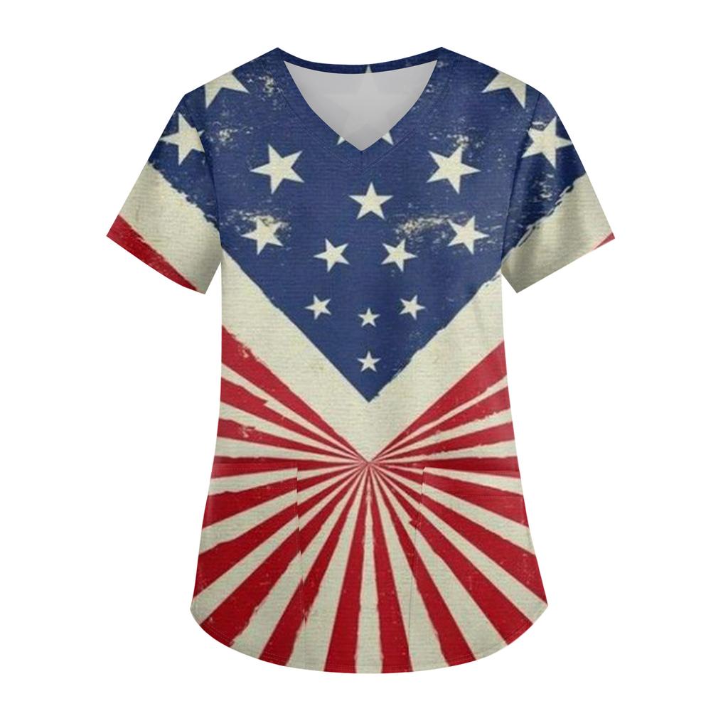 Modisches V-Ausschnitt-Taschen-Kurzarm-Uniform- und Pflegekraft-Oberteil für Damen mit Aufdruck zum Unabhängigkeitstag