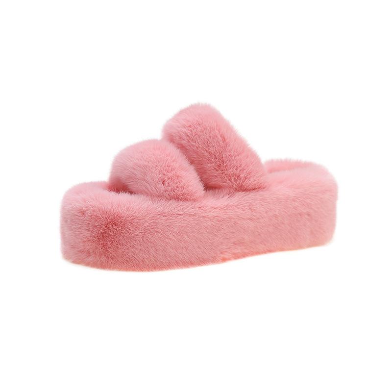 Thick bottom heightening fluffy slippers women's outer wear 2025 new autumn and winter fashion muffin plush one-word cotton mop
