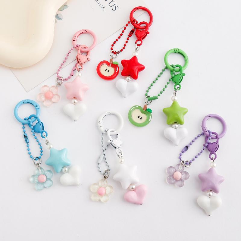 Starfish Beaded Keychain Imitation Pearl Acrylic Pentagram Keyring Girls Earphone Case Phone Decor Ornaments