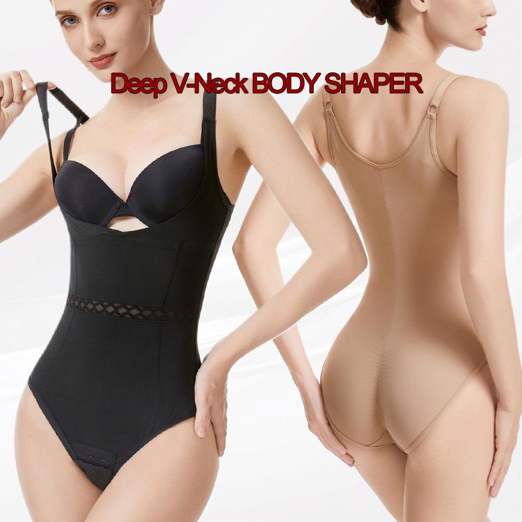 Women's Seamless V-Neck Bodysuit: X-Type Tummy Control, Open Crotch, Push-Up Shaper