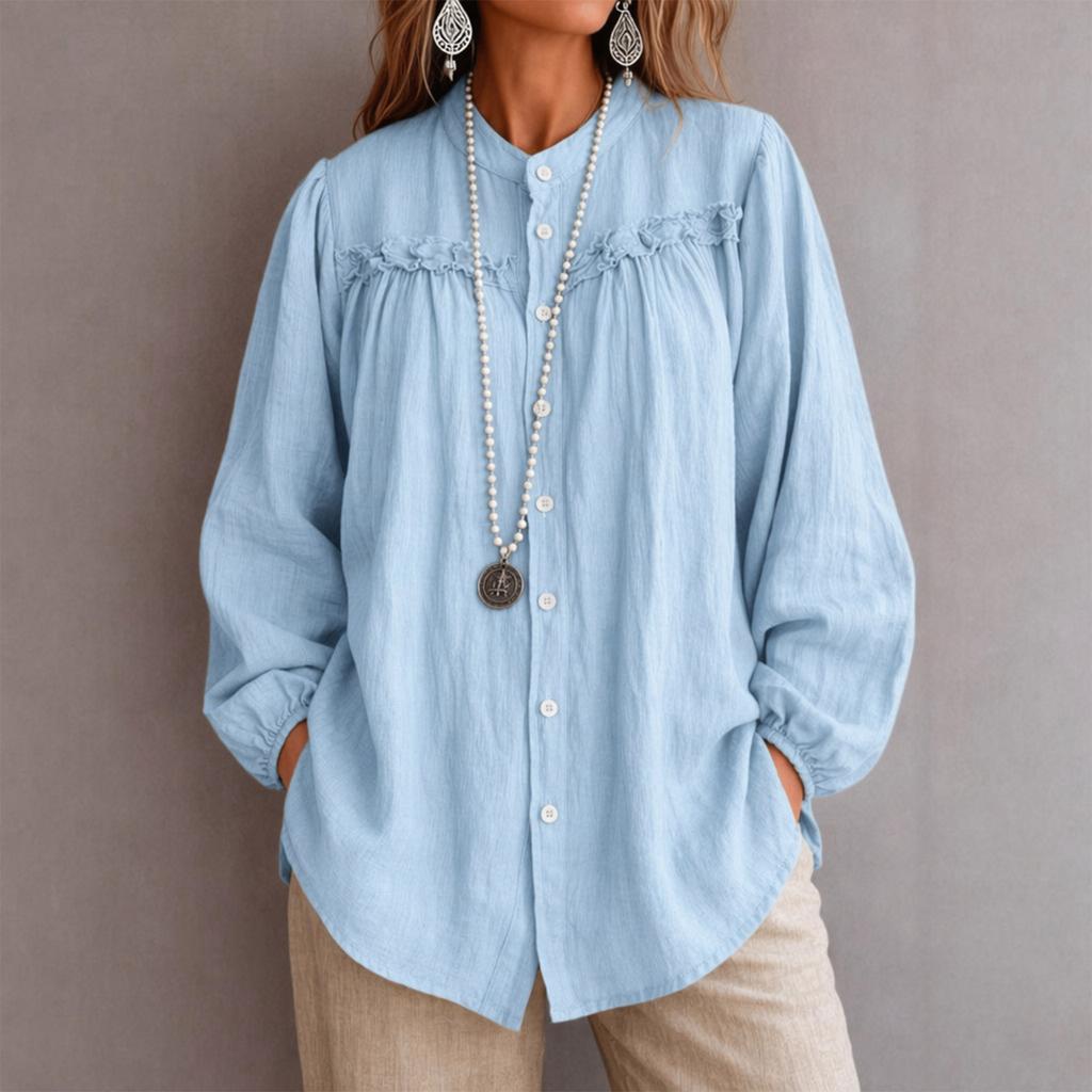 Women's Fall Long Sleeve Blouse with Embroidery and Cutout, Round Neck Loose Fit Casual Shirt