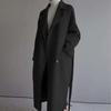 Women's Lapel Long Sleeve Loose Fit Trench Coat Casual Belted Wool Blend Mid-Long Jacket