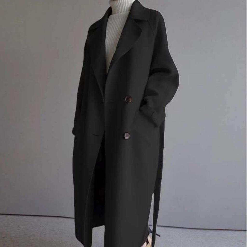 Women's Lapel Long Sleeve Loose Fit Trench Coat Casual Belted Wool Blend Mid-Long Jacket