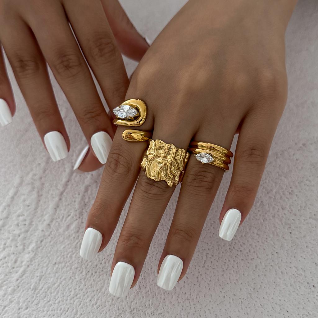 Salircon 3Pcs/Set Vintage Irregular Rhinestone Opening Rings Women Fashion Metal Water Drop Ring Luxury Daily Wear Jewelry Y2K