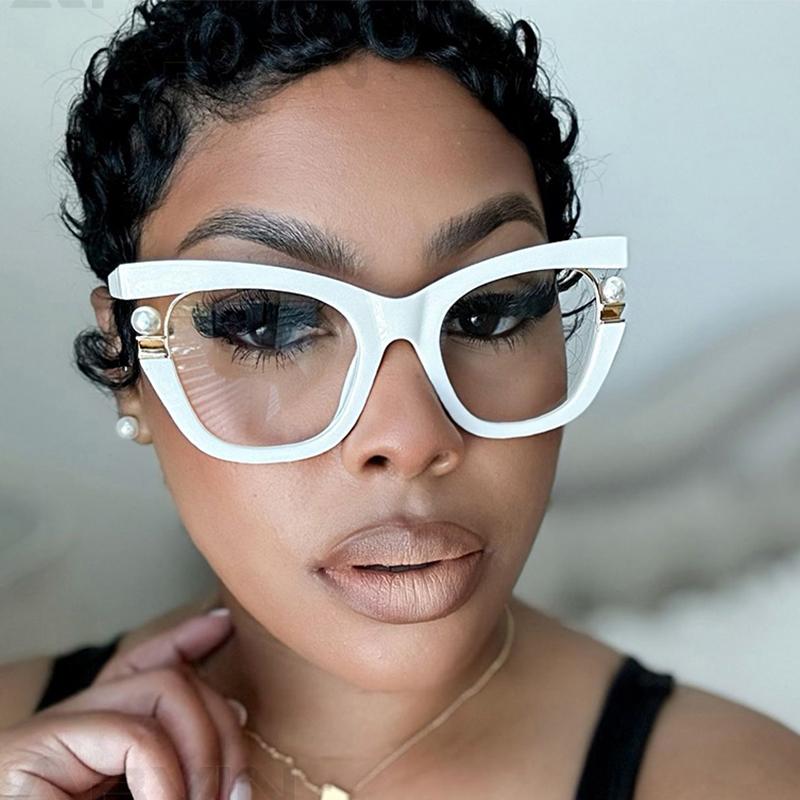 Clear Blue Ray Blocking Glasses Large Eyeglasses Spectacle Frame Frame Ladies Trendy Design Pearl Spectacle Frame Trend Circular Eyewear