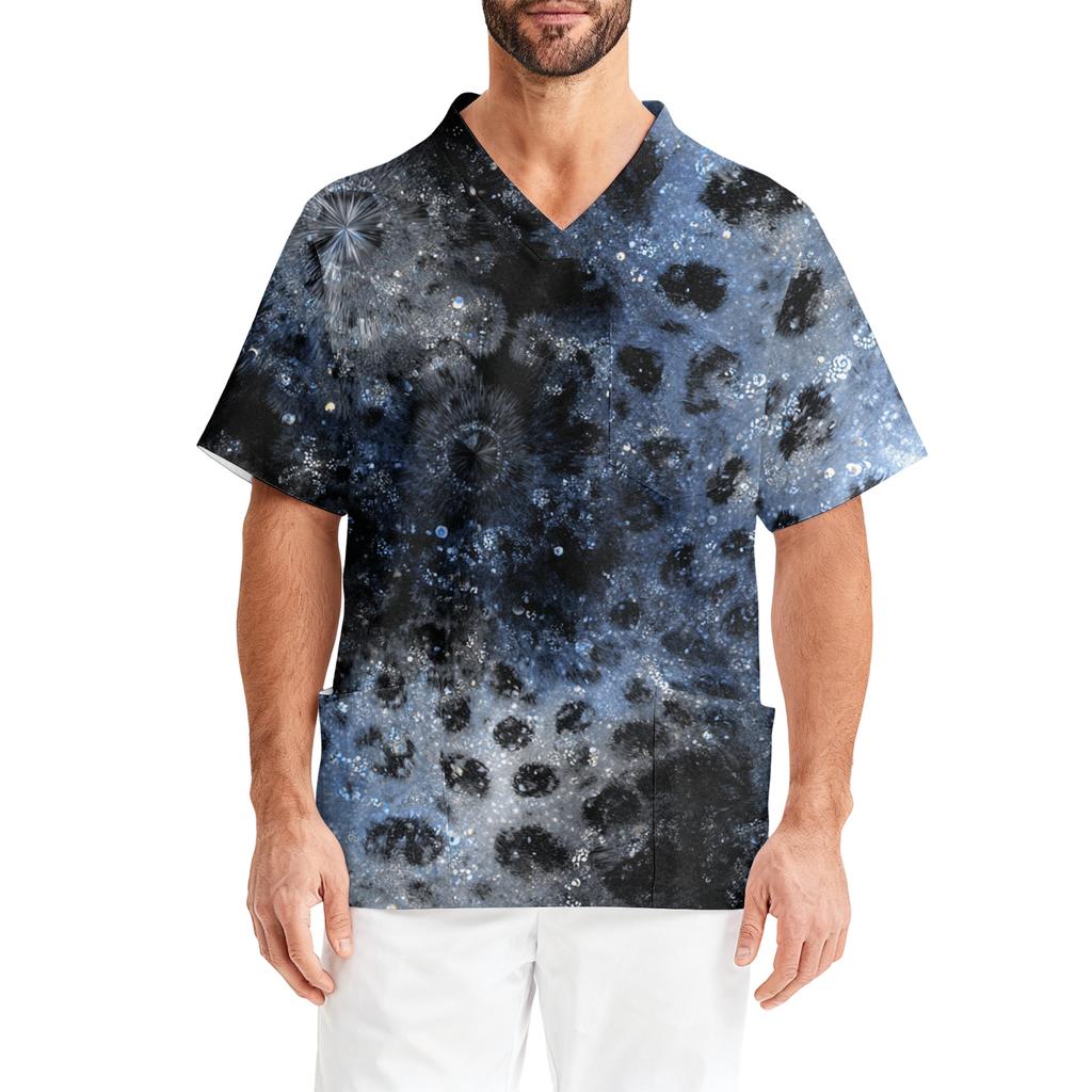 Men's Printing Short Sleeve V,neck Working Blouse Chest Pocket Carer Top