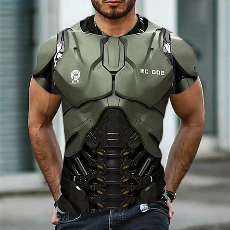 Men's T-shirt 3D Armor Fashion Short Sleeved Leisure Metal Round Neck Shirt