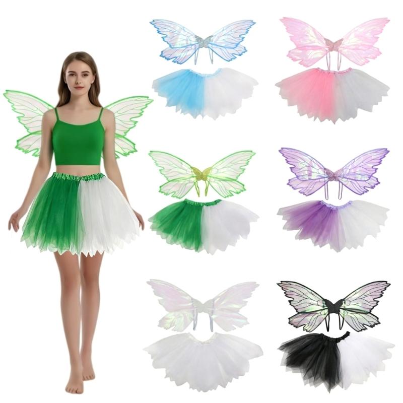 Multi-layer Fairies Wing Tulle Costume Set for Girls Halloween Cosplay Outfit with 3D Wing Costumes Accessory
