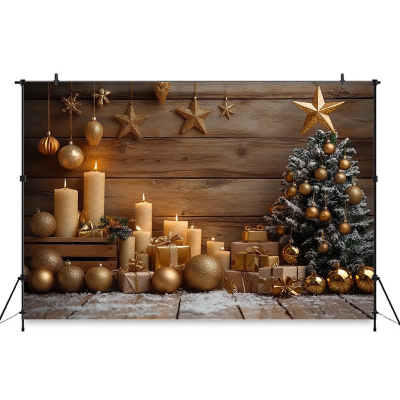 Christmas Tree Backdrop Photography Baby Shooting Props Golden Ball Star Gifts Candle Wood Wall Background Decorations Photozone