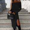 Frauen Herbst Winter, Figurbetontes Kleid Schulterfrei Langarm Schlitz Saum Slim Fit Enges Party Midikleid Einfarbiges Hüftwickelkleid