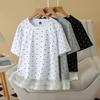 Women's Summer Short-Sleeve Polka Dot T-Shirt with Lace Hem and Round Neck for A Slimming Look