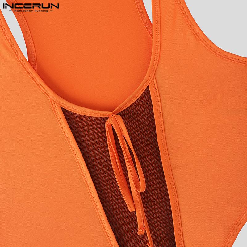 INCERUN Men Sleeveless Deep U Neck Mesh Patchwork Bodysuits Jumpsuits Rompers