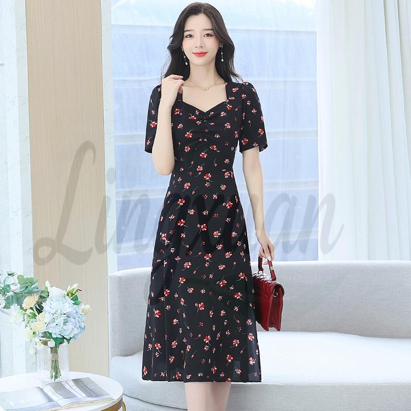 

2026 Plus Size V-Neck Floral A-Line Dress - Tummy Covering, Slimming, Summer Wear with Slit 3XL чёрный