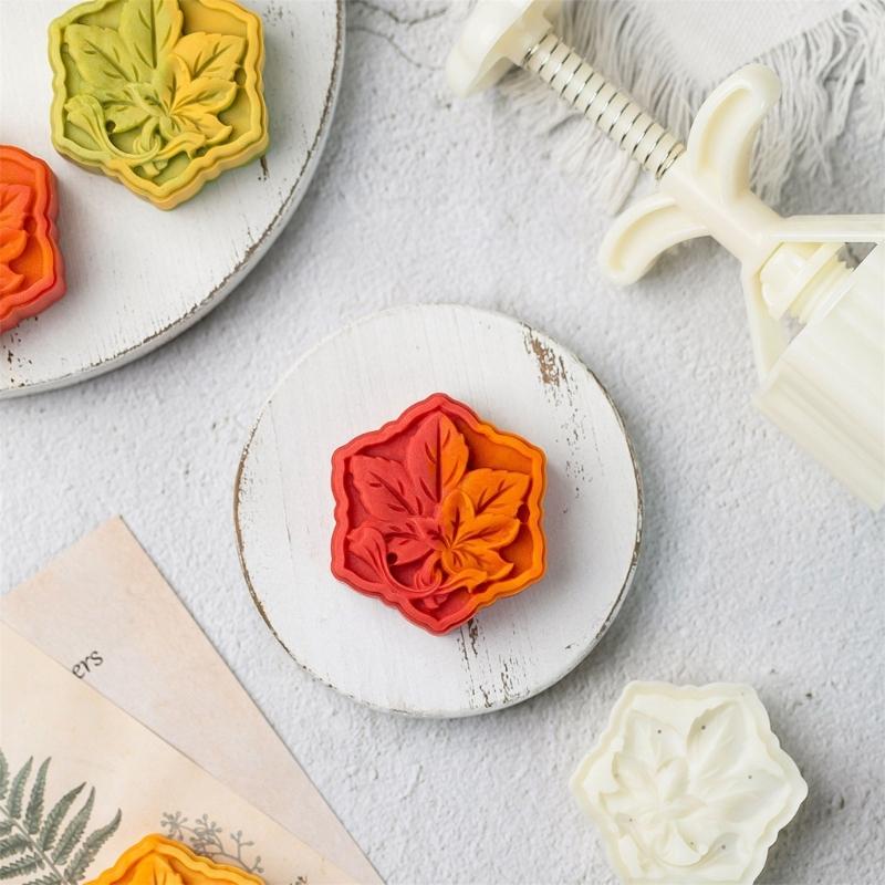 Professional Autumn Maple Leaf Hexagonal Shape Moon Cake Press Molds Easy Hand Operated ABS Kitchen Baking Accessories