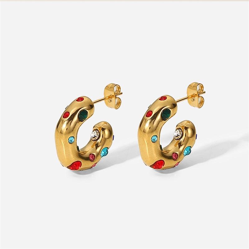 Stainless Steel Earrings Irregular C Shape Ear Studs Gold Plated Colored Zircon Jewelry For Women Simple Fashion Jewelry Gif