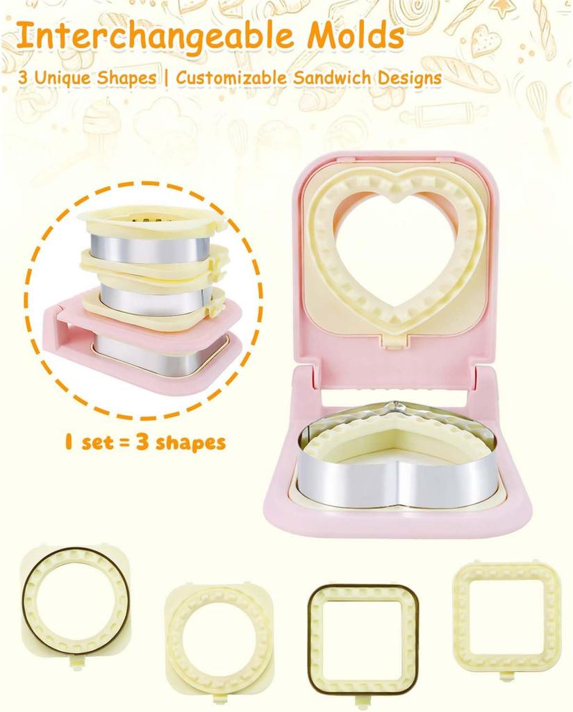 Sandwich Maker - Heart/Circle/Square Sandwich Cutter & Sealer for Kids' Lunch, Breakfast