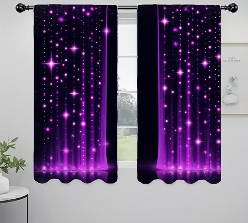 2 Stück Violette Galaxie Stern Design Vorhänge Halbtransparent Schwarz Lila Stoff Schutzstangen-Tasche Fensterbehänge Verschiedene Wohnzimmer