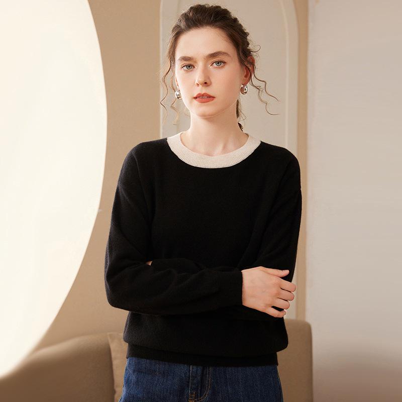 2024 A/W Women's Cashmere Knit Base Layer: Long Sleeve, Round Neck, Color Block, Warm, Comfortable Sweater