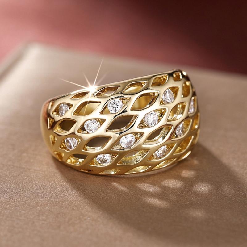 Huitan Hollow Mesh Cubic Zirconia Rings for Women Gold Color Wedding Band Accessories Statement Rings Daily Party Trendy Jewelry