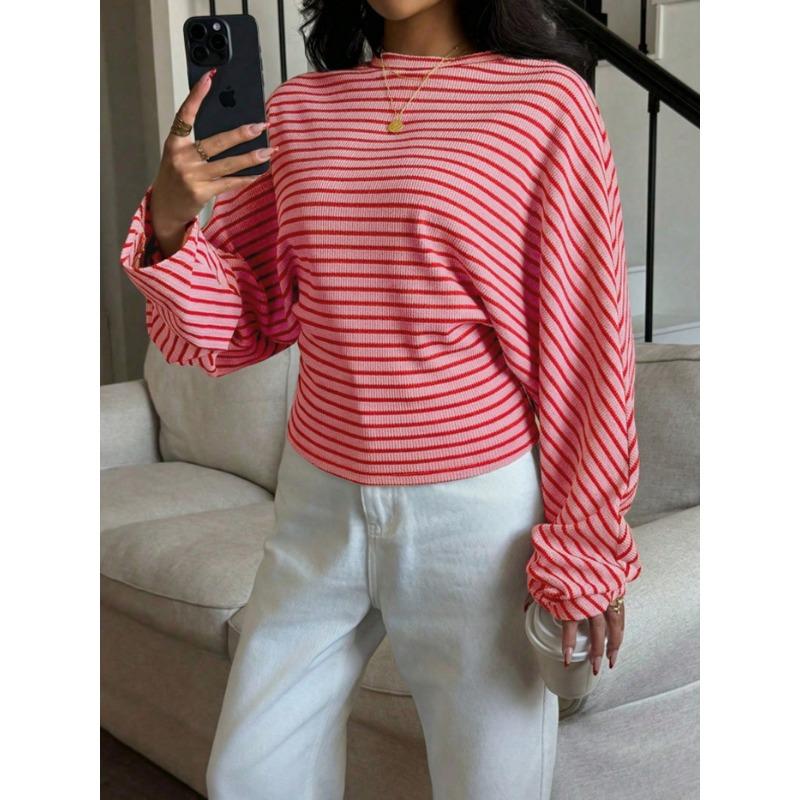 Womens Striped Batwing Long Sleeve Knit T Shirt S розовый