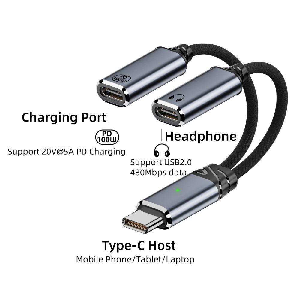 2 in 1 Dual Type-C Earphone Adapter PD 100W HiFi Music Heaphone Converter Data Transfer Wire Control Cable Mobile Phone