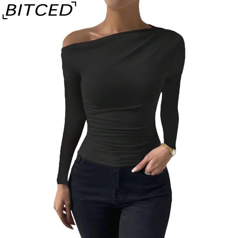 BITCED Spring/Summer Women's Slim-Fit Pleated Asymmetric Long-Sleeved T-Shirt Top