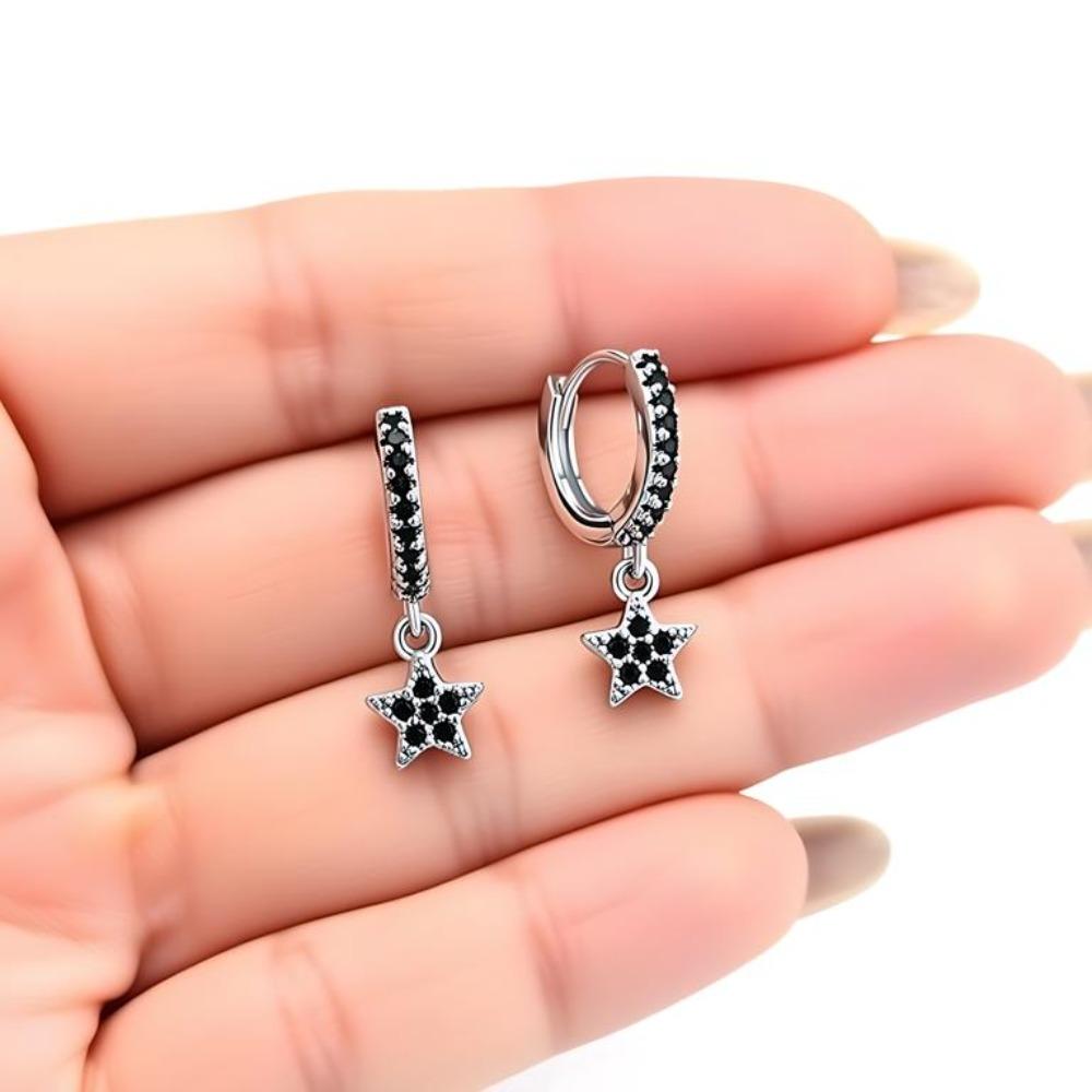 Black Awn Black Stars Long Drop Earrings