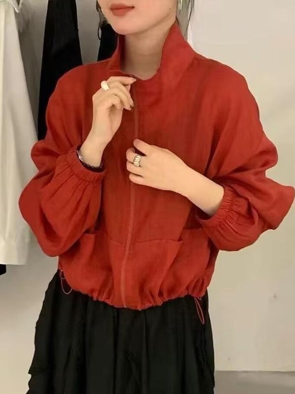 Women's Korean-Style Stand-Up Collar Zip Ramie Jacket - Spring/Summer 2025, Simple Versatile Casual Slimming Top