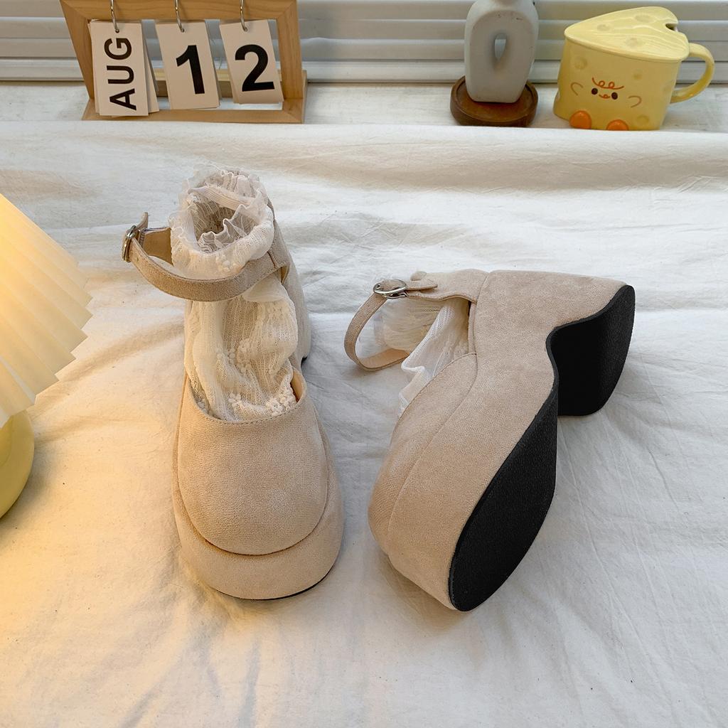 Fashion Thick Bottom High Heel Women Pumps Suede Black Ladies Fashion Sneakers Ankle Straps Muffins Shoes Wedge Zapatos De Mujer Sandals